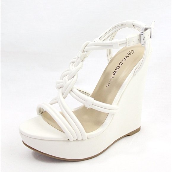 Wild Diva Shoes - White Open Toe Strappy Sandals Wedge
